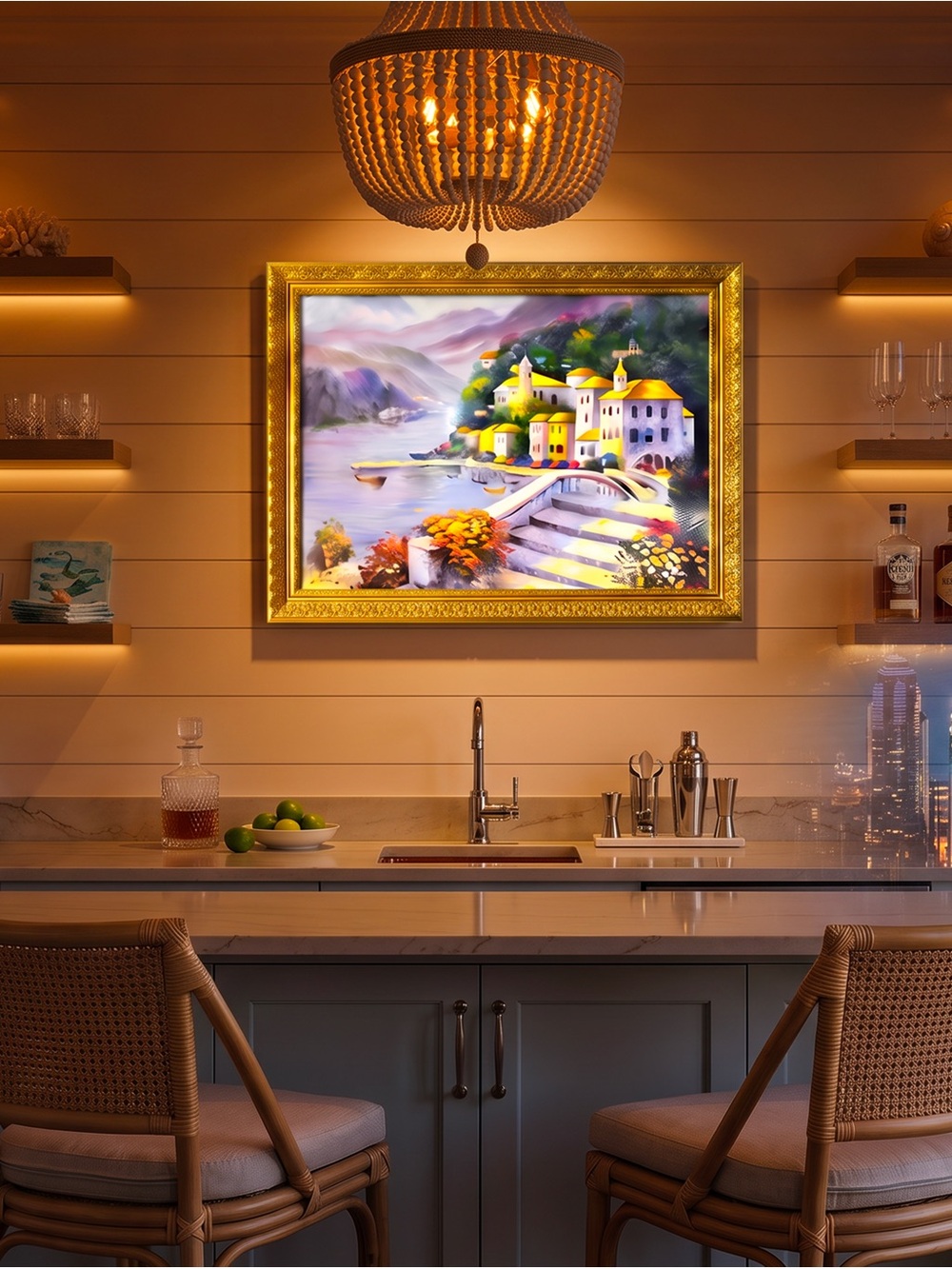 Framed Coastal Village Wall Art - Yellow & Multicolor